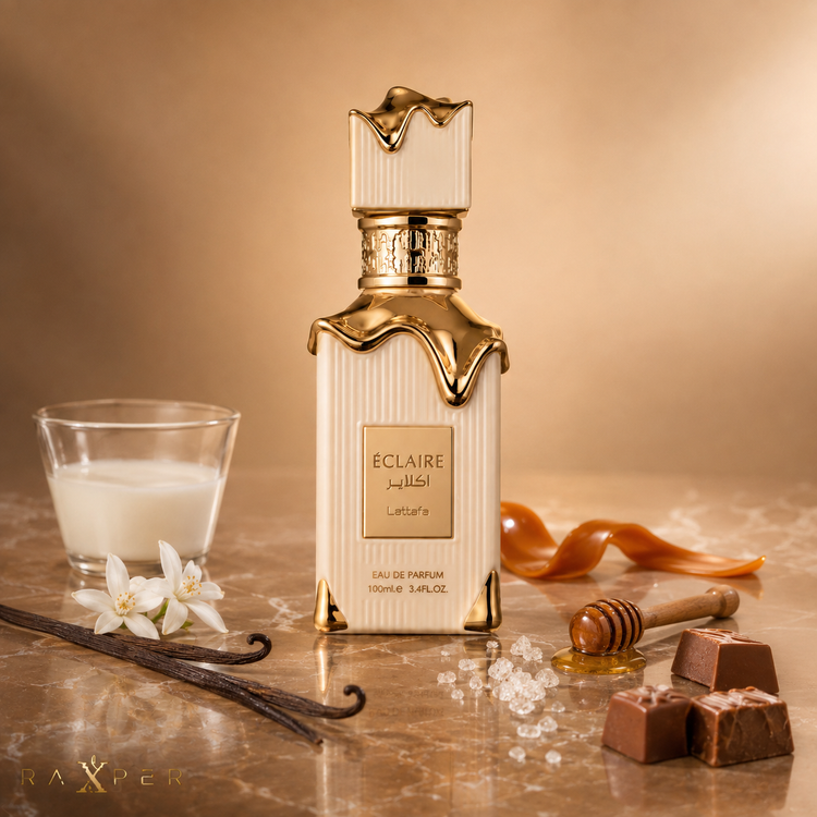 عطر Lattafa Eclaire در کنار شیر، کارامل، عسل، گلهای سفید، وانیل و پرالین