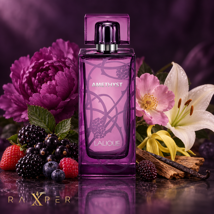عطر Lalique Amethyst کنار انواع توت، گل صدتومانی، رز، سوسن، چوب و وانیل
