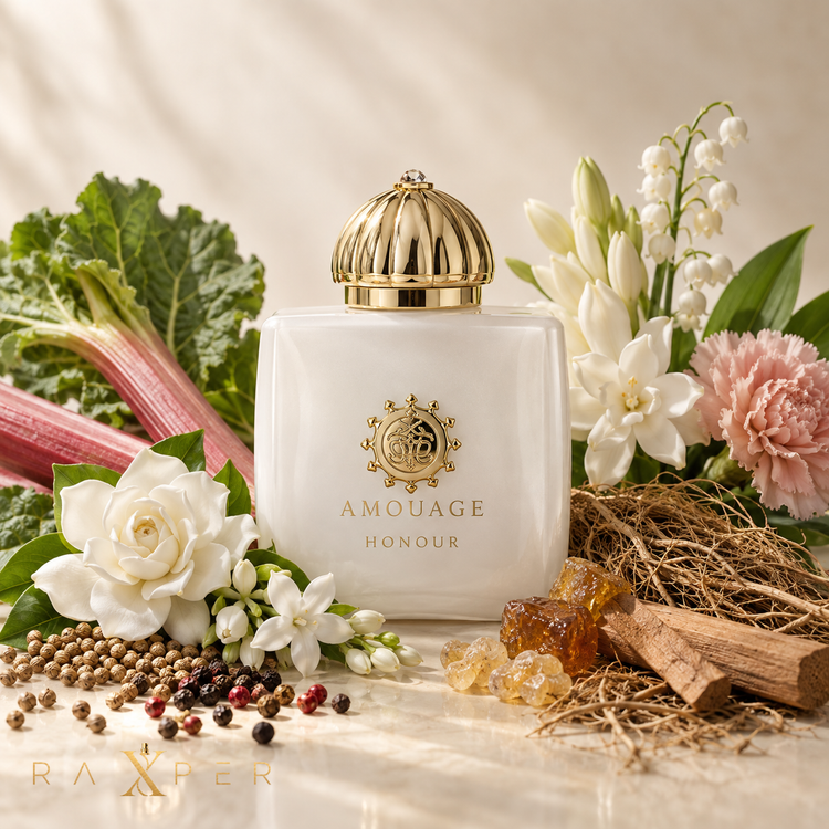 عطر Amouage Honour Woman کنار ریواس، ادویهها، گلهای سفید، بخور، کهربا و چوب