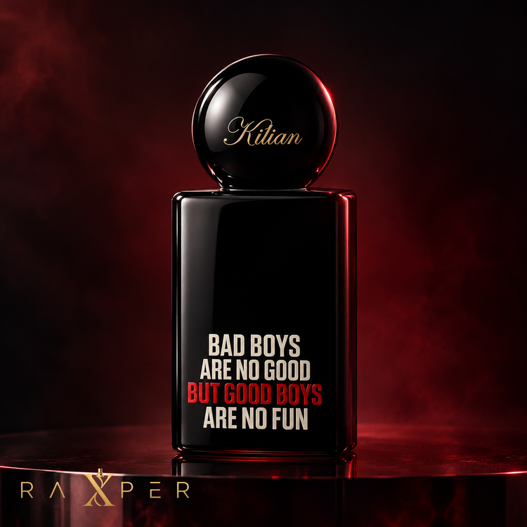 شیشه مشکی عطر By Kilian Bad Boys در روفگاردن شبانه با نورپردازی قرمز سینمایی