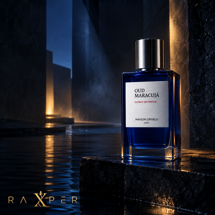 شیشه آبی عطر Maison Crivelli Oud Maracujá در فضای سینمایی آبی و طلایی با لوگوی RAXPER