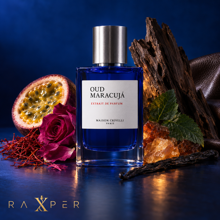 عطر اود ماراکوجا میسون کریولی در کنار پشنفروت، رز، زعفران، عود، کهربا و وانیل