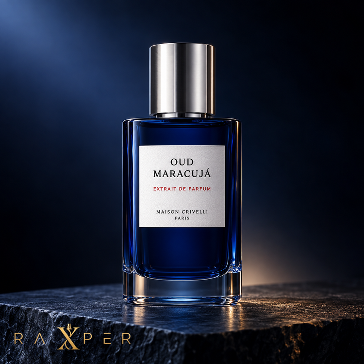 عطر Maison Crivelli Oud Maracujá Extrait de Parfum در نمای استودیویی لوکس با شیشه آبی و لوگوی رکسپر