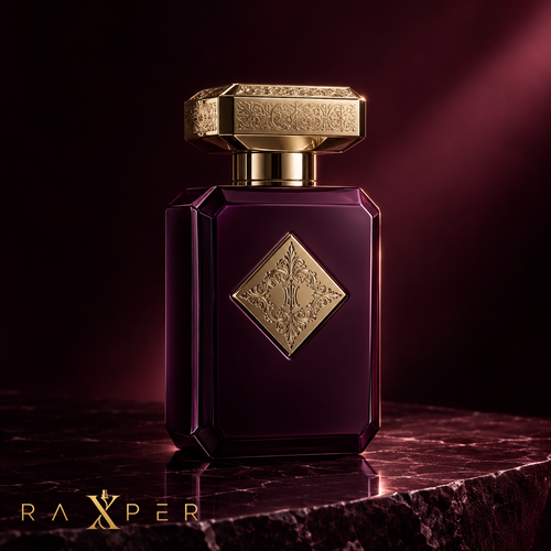 عطر اینیشیو نارکوتیک دیلایت با شیشه بنفش و تزئینات طلایی در نمای استودیویی لوکس