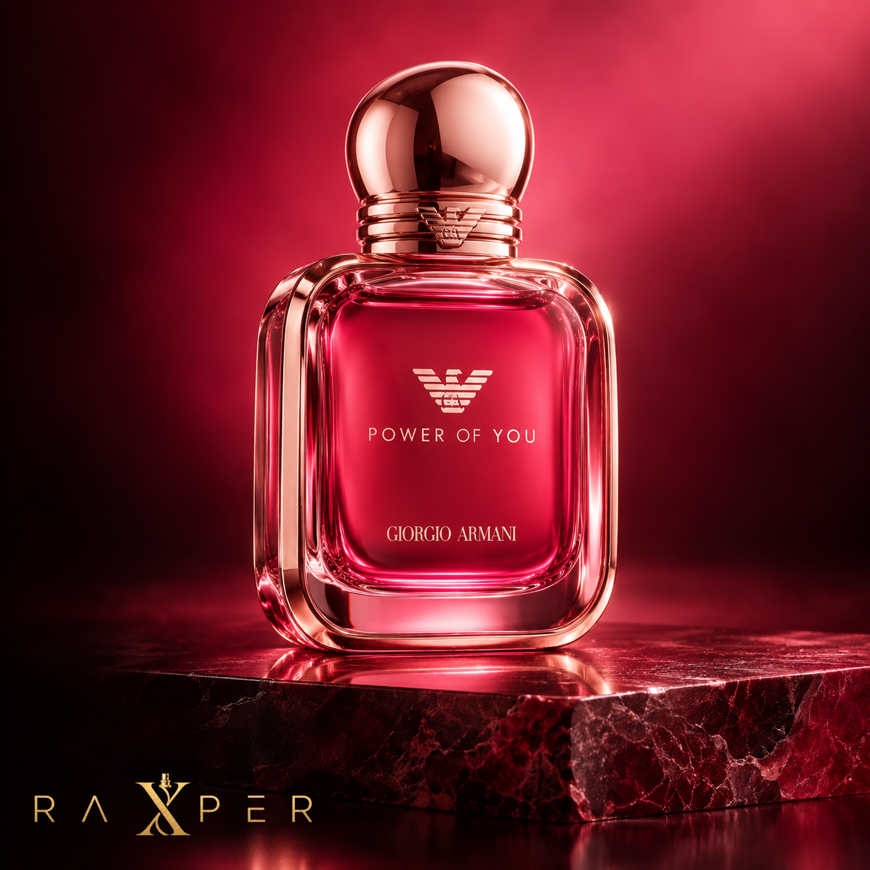 عطر زنانه جورجیو آرمانی Power of You با شیشه یاقوتی و جزئیات رزگلد در نمای استودیویی لوکس