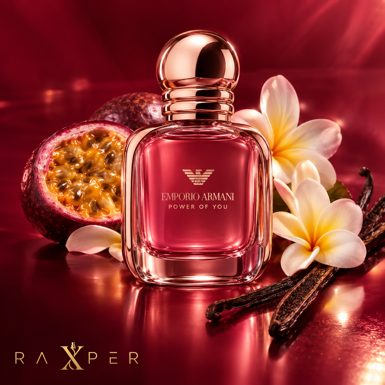 عطر Emporio Armani Power of You در کنار پشنفروت، گل فرانجیپانی و وانیل با لوگوی رکسپر