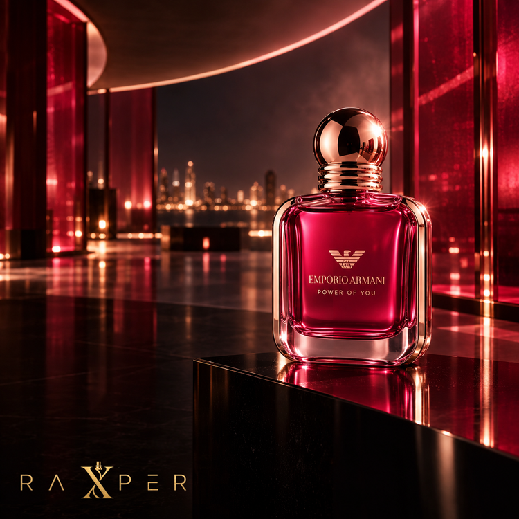 شیشه یاقوتی عطر پاور آف یو آرمانی در فضای سینمایی قرمز و رزگلد با لوگوی RAXPER
