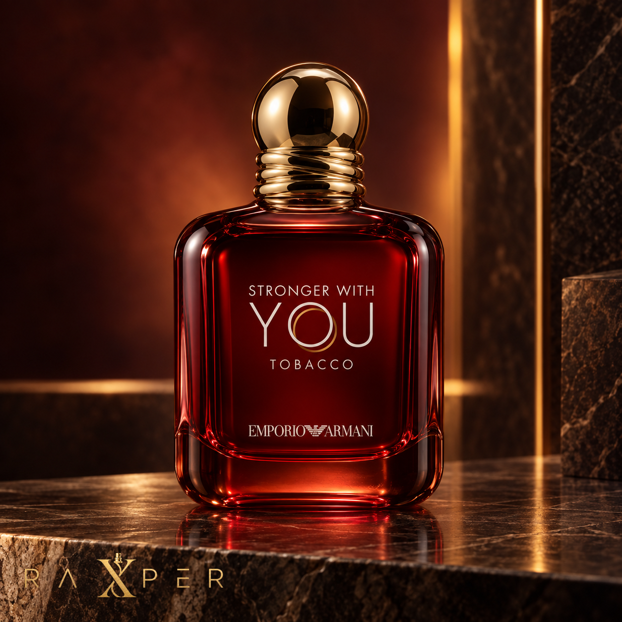 عطر مردانه امپریو آرمانی Stronger With You Tobacco 2024 با شیشه قرمز و طلایی در نمای استودیویی لوکس