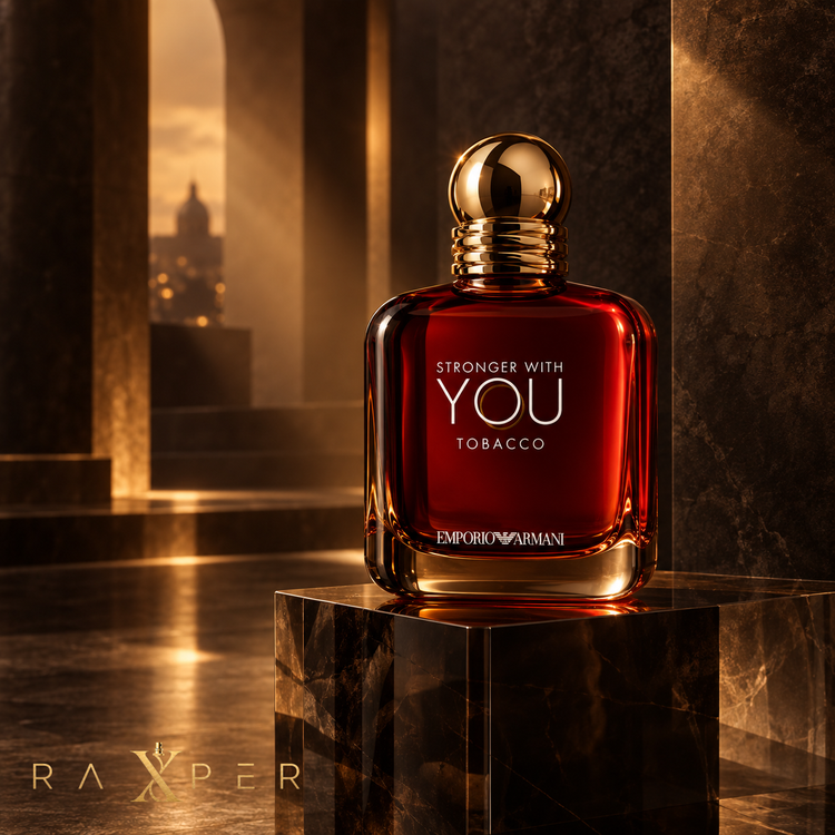 عطر Emporio Armani Stronger With You Tobacco در فضای سینمایی قهوهای و نور طلایی