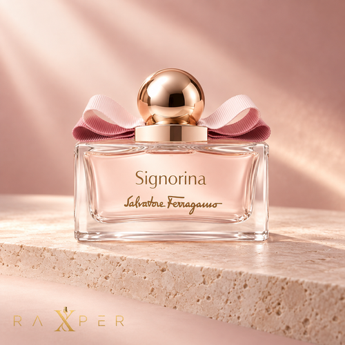 عطر زنانه سالواتوره فراگامو Signorina با شیشه صورتی و پاپیون در نمای استودیویی لوکس