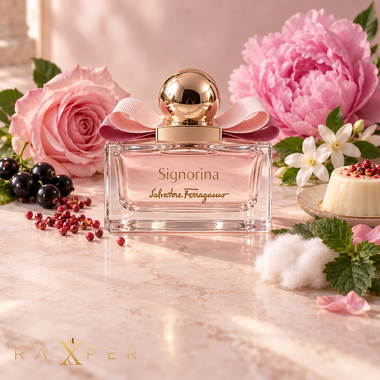 ادکلن Signorina Eau de Parfum کنار رز، گل صدتومانی، یاس، انگورفرنگی و پاناکوتا