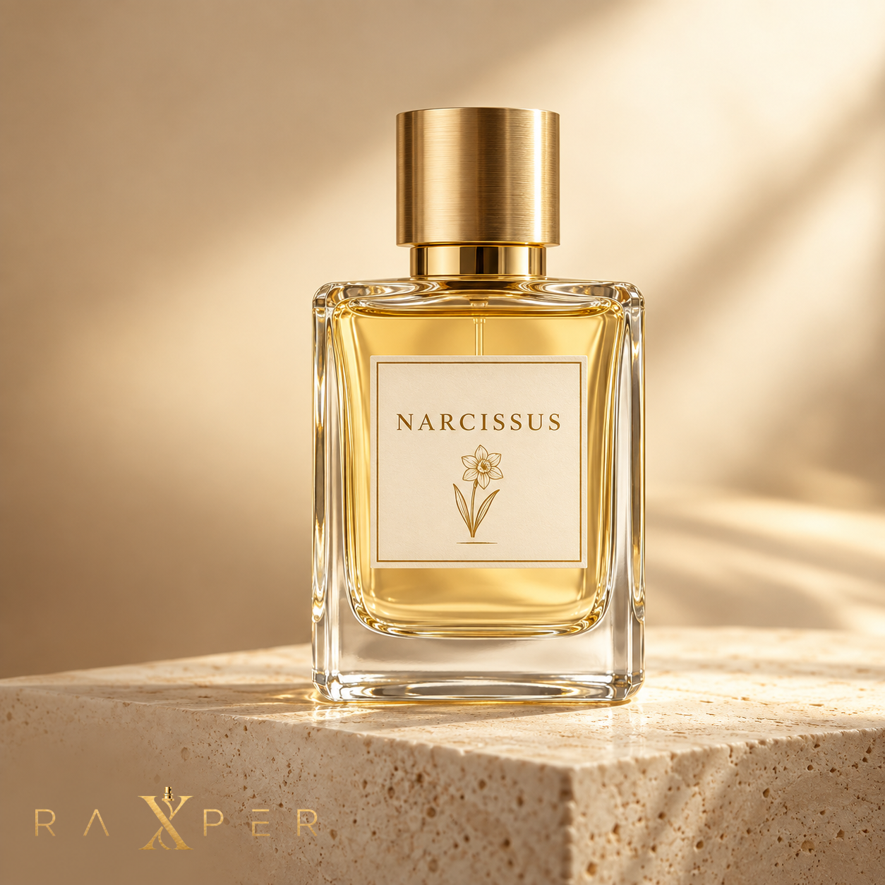 عطر گرمی گل نرگس رکسپر با شیشه طلایی در نمای استودیویی لوکس