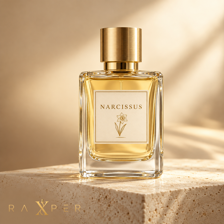 عطر گرمی گل نرگس رکسپر با شیشه طلایی در نمای استودیویی لوکس