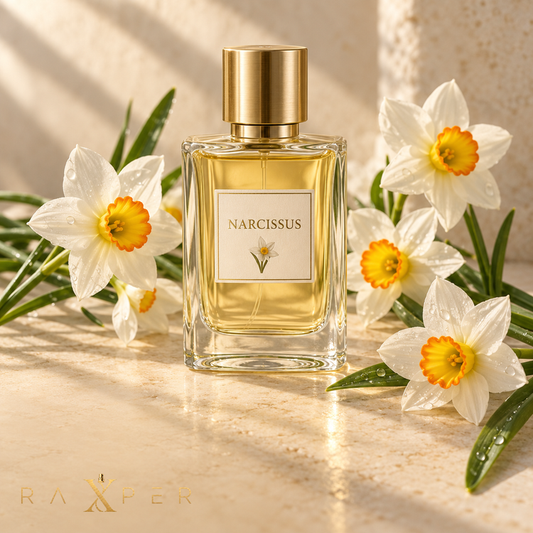 عطر Narcissus رکسپر در کنار گلهای سفید و زرد نرگس با قطرات شبنم