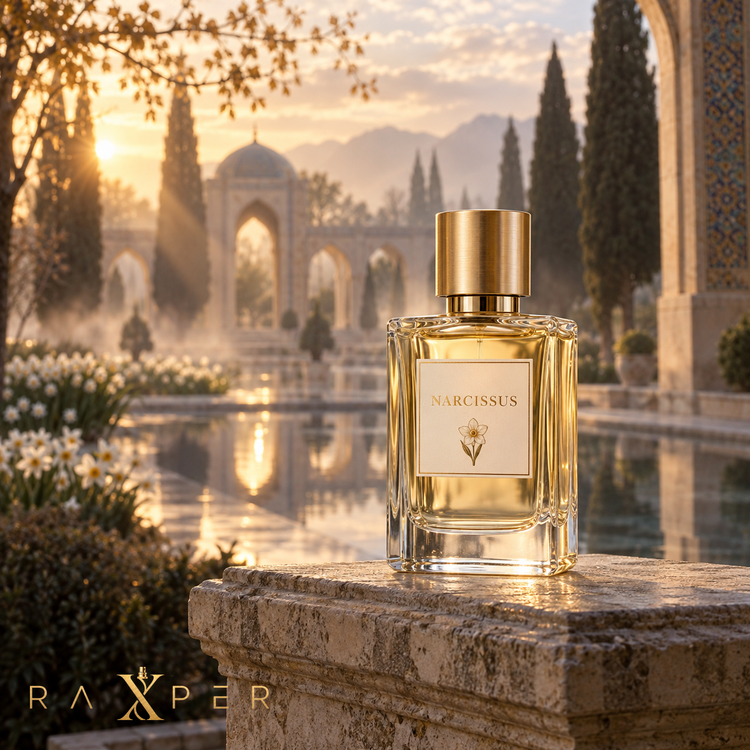 عطر گرمی گل نرگس در باغ ایرانی با معماری سنتی و نور طلایی صبح