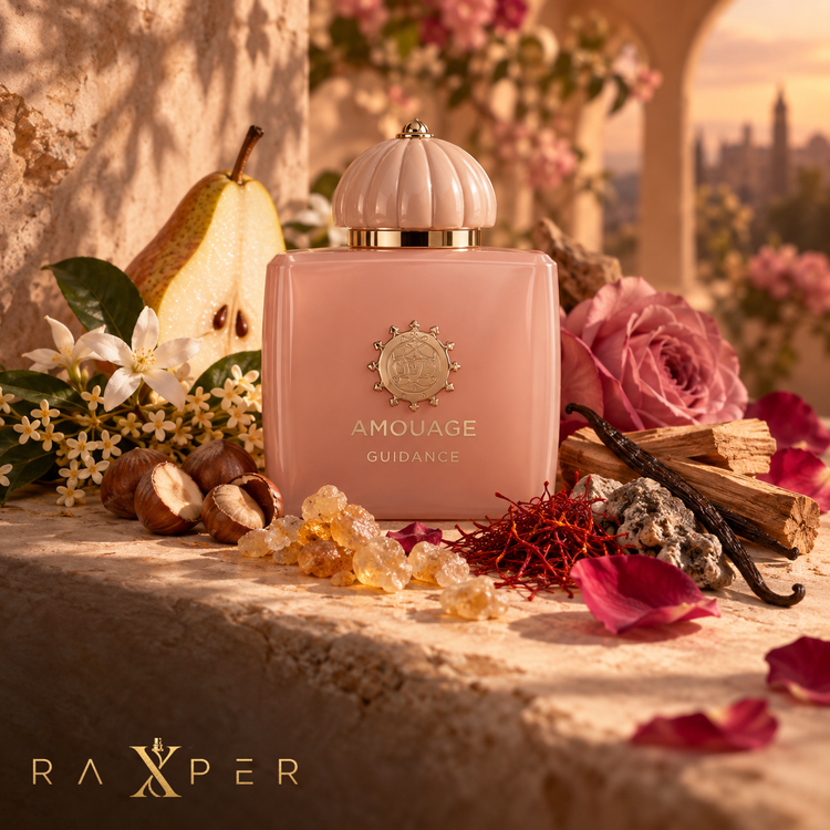 عطر Amouage Guidance کنار گلابی، فندق، کندر، زعفران، رز، یاس و وانیل