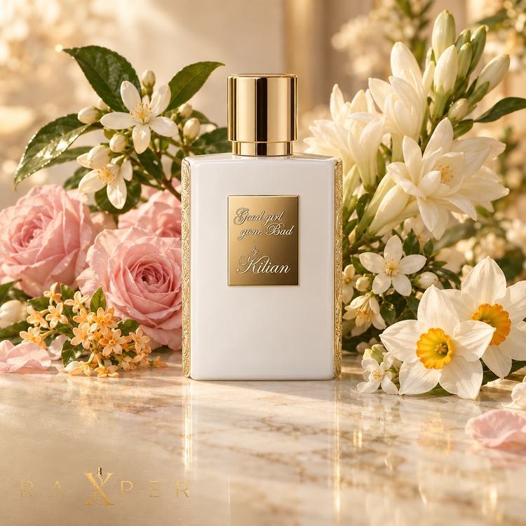 عطر گود گرل گان بد کیلیان کنار شکوفه پرتقال، رز، اسمانتوس، مریم، یاس و نرگس