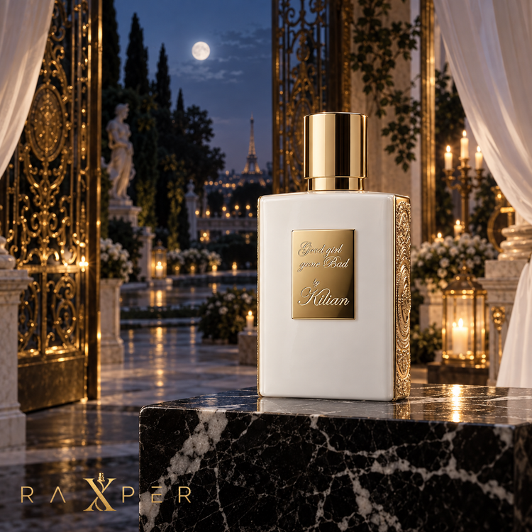 عطر KILIAN Good Girl Gone Bad در باغ شبانه پاریس با دکور سفید و طلایی