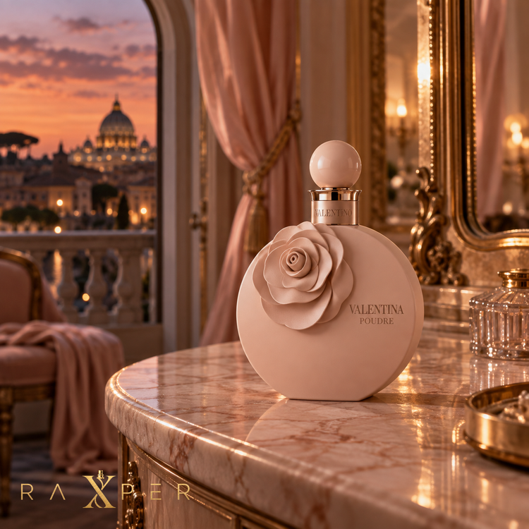 عطر Valentina Poudre در اتاق لوکس ایتالیایی با نور طلایی غروب شهر رم