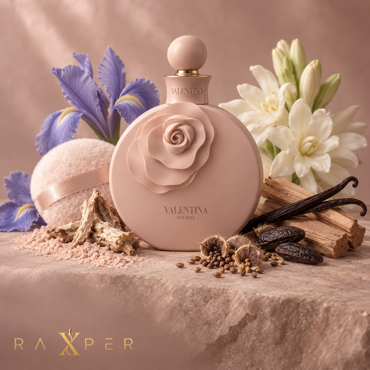 عطر والنتینا پودر کنار زنبق، گل مریم، آمبرت، وانیل، چوب صندل و دانه تونکا