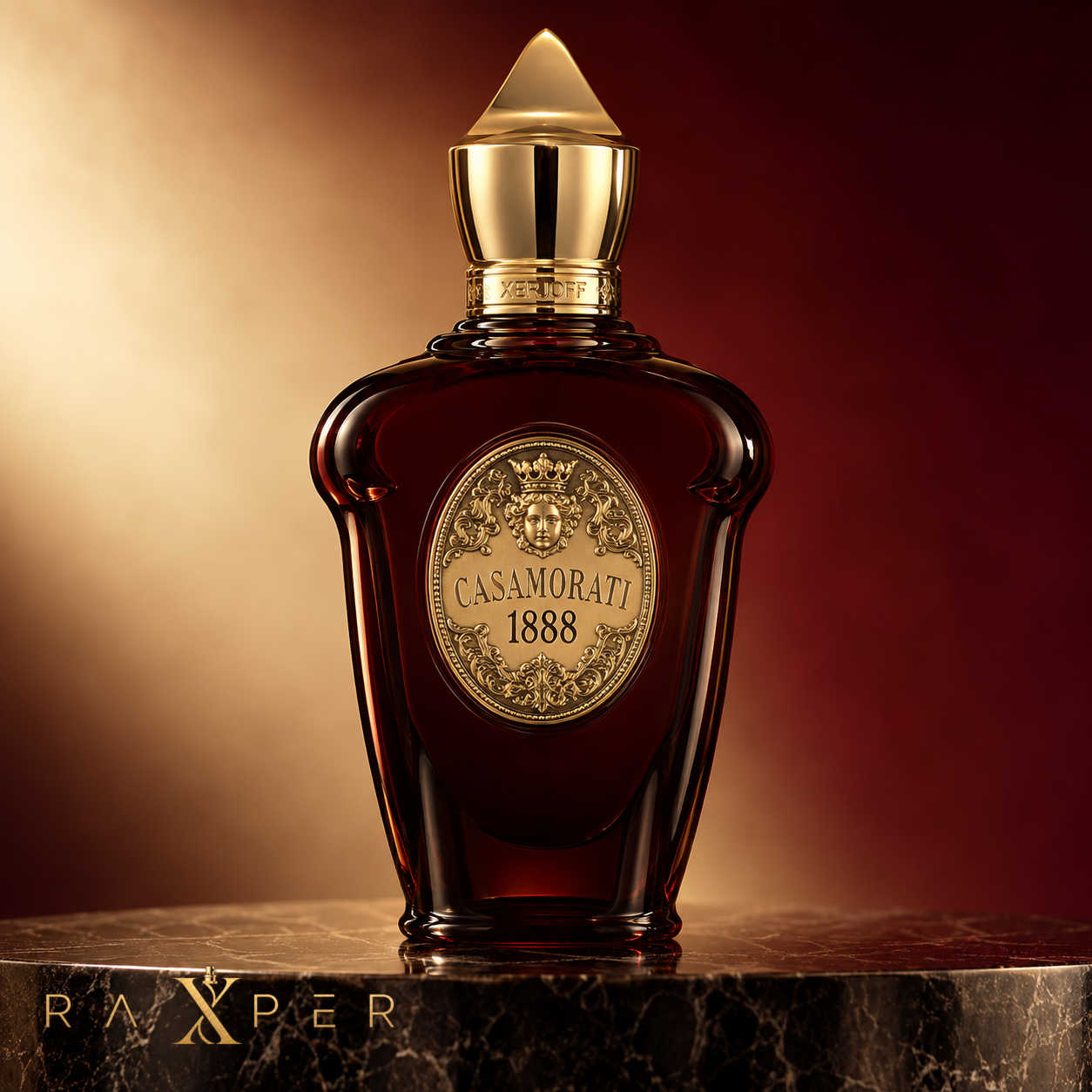 عطر زرجف کازاموراتی 1888 با شیشه زرشکی و طلایی در نمای لوکس