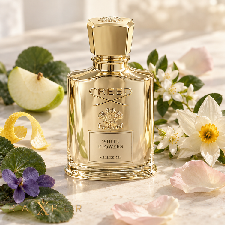 عطر کرید White Flowers در کنار سیب سبز، لیمو و گلهای سفید
