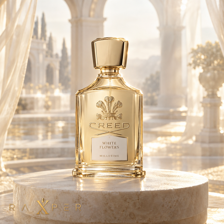 شیشه عطر کرید وایت فلاورز در فضای سفید و طلایی اشرافی