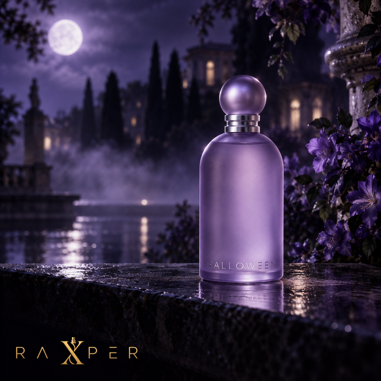 شیشه بنفش عطر هالووین زنانه در فضای شبانه و سینمایی
