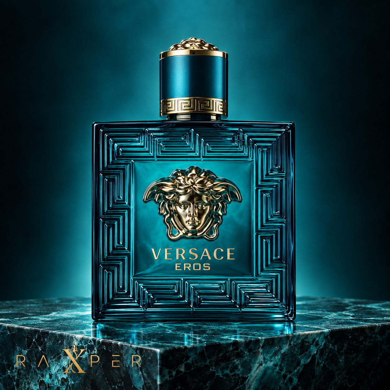 عطر مردانه ورساچه اروس با شیشه فیروزه‌ای و نشان طلایی مدوسا