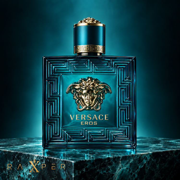 عطر مردانه ورساچه اروس با شیشه فیروزهای و نشان طلایی مدوسا