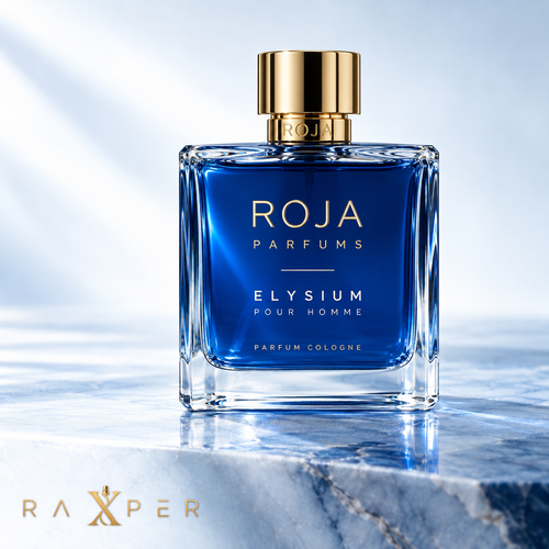 عطر روژا الیسیوم پور هوم پارفوم کلون با شیشه آبی در نمای استودیویی
