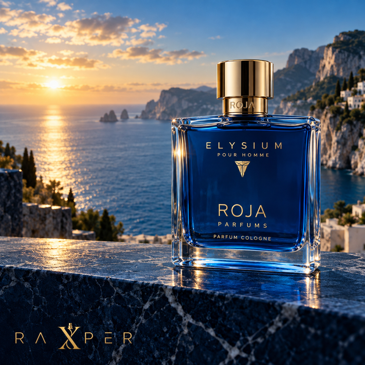 شیشه آبی عطر روژا الیسیوم در منظره ساحلی لوکس هنگام طلوع آفتاب