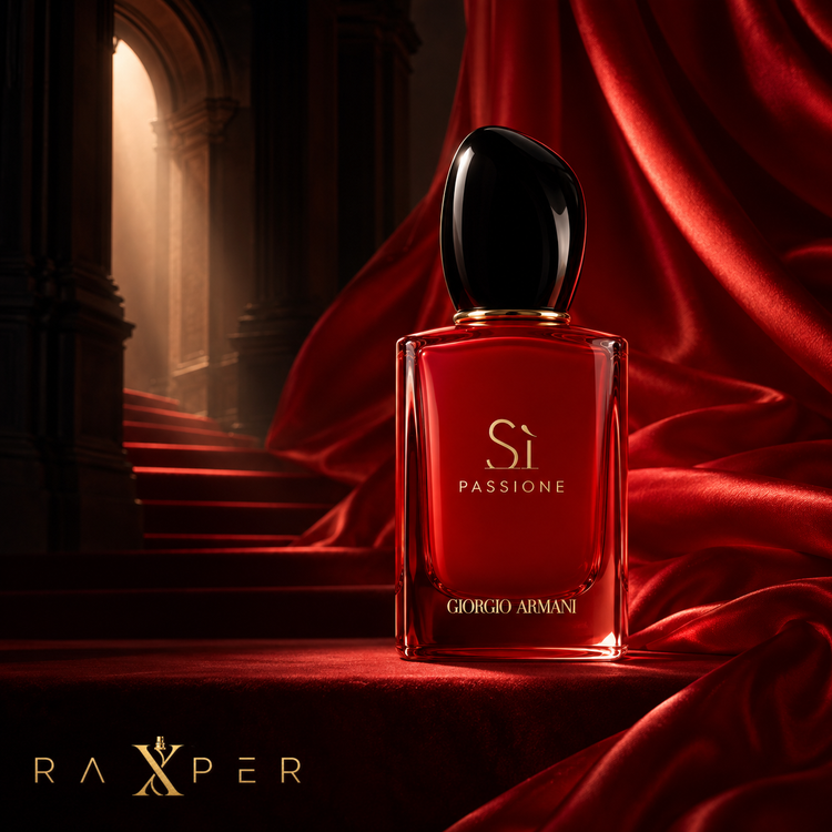 1. شیشه قرمز عطر آرمانی سی پشن در فضای لوکس قرمز و مشکی سینمایی
