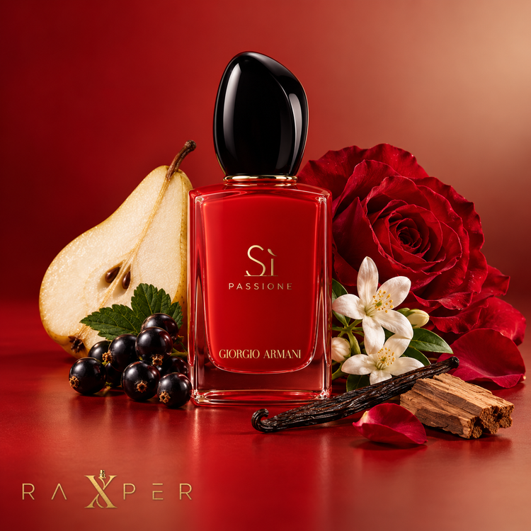 عطر Giorgio Armani Sì Passione در کنار انگورفرنگی سیاه، گلابی، رز، یاس، وانیل و چوب سدر