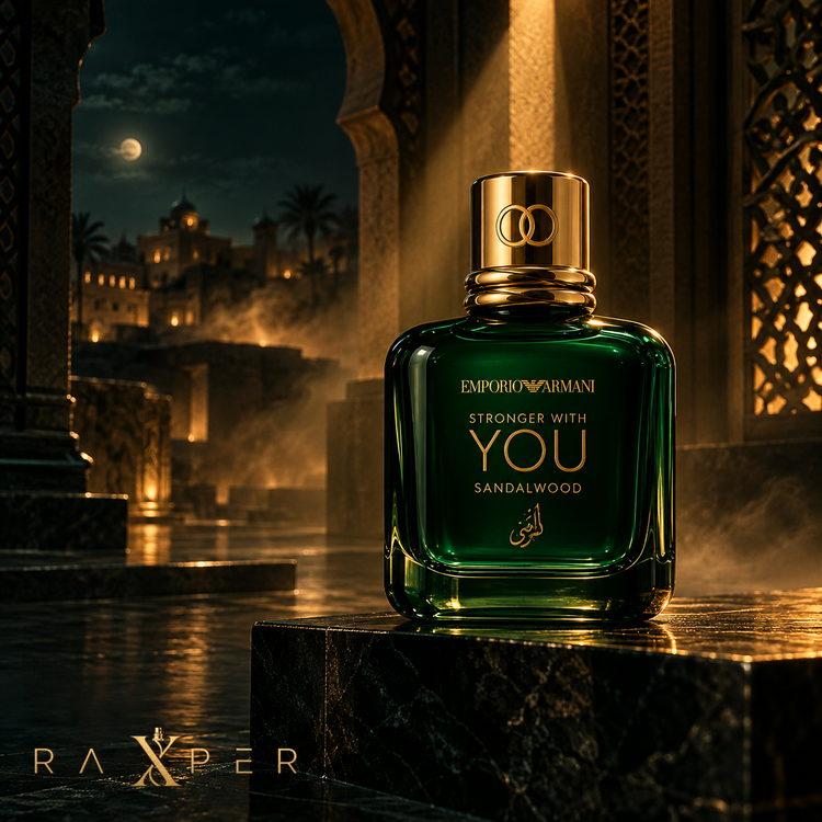 1. شیشه سبز عطر آرمانی استرانگر ویت یو صندلوود در فضای سینمایی طلایی و سبز