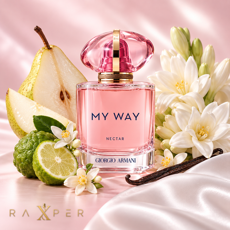 عطر Giorgio Armani My Way Nectar در کنار گلابی، ترنج، شکوفه پرتقال، گل مریم و وانیل
