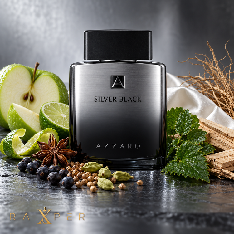 عطر Azzaro Silver Black در کنار سیب سبز، لیموترش، بادیان، هل، سرو کوهی و چوب صندل