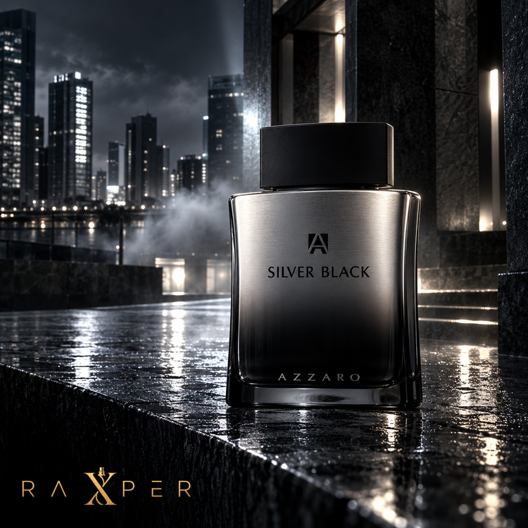 1. شیشه عطر آزارو سیلور بلک در فضای شهری لوکس و سینمایی شبانه