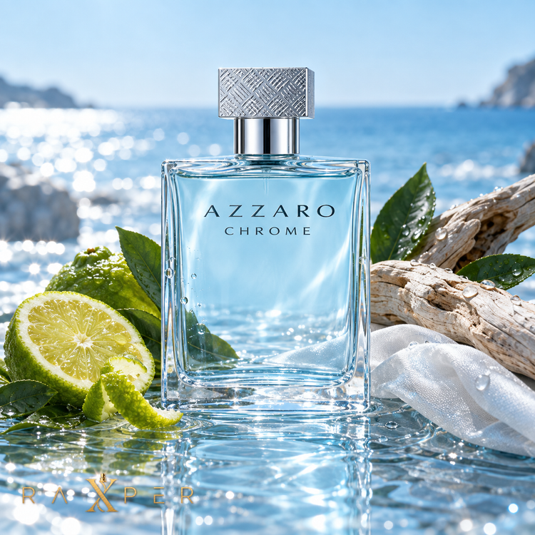 عطر آزارو کروم در کنار ترنج، رایحههای سبز، چوب روشن و فضای آبی تازه