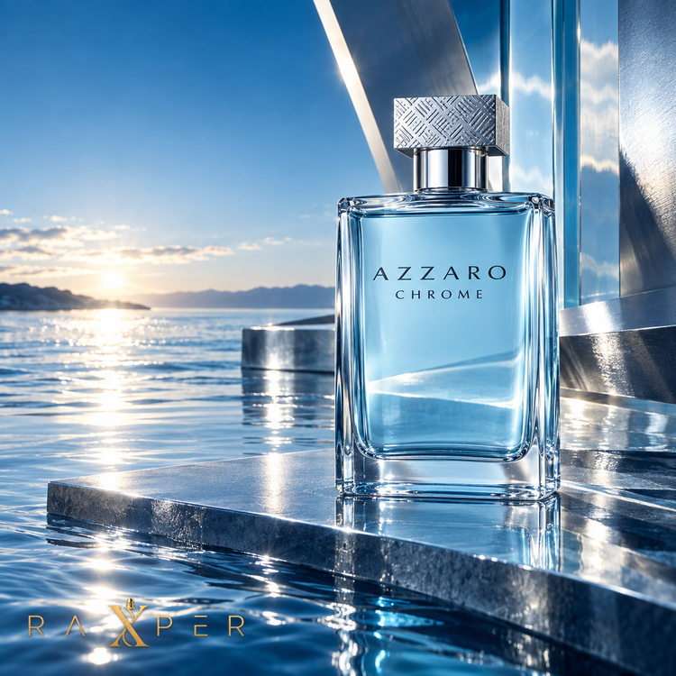 1. شیشه عطر Azzaro Chrome در فضای سینمایی آبی و نقرهای کنار آب با لوگوی RAXPER