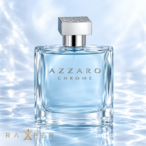 عطر Azzaro Chrome با شیشه آبی روشن و در نقرهای در نمای استودیویی لوکس