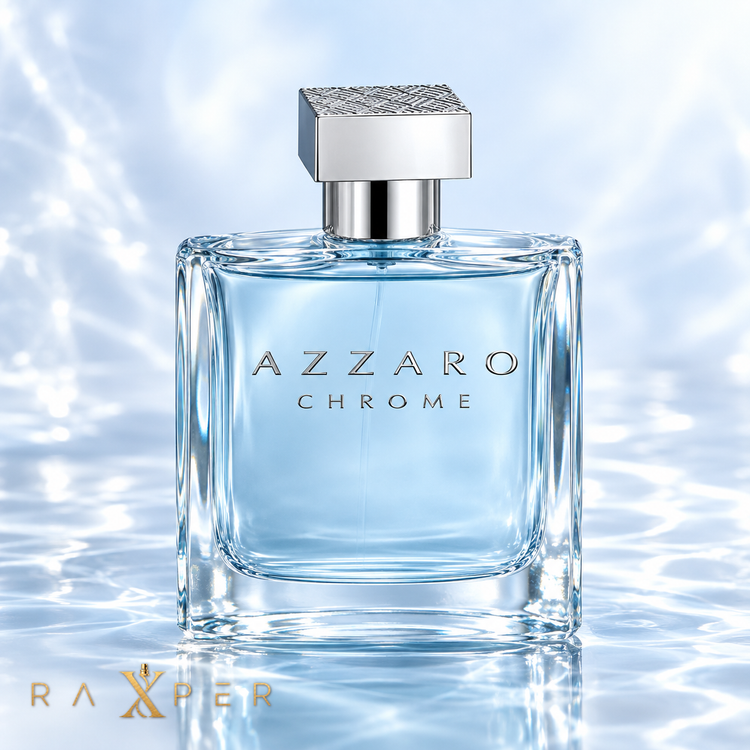 عطر Azzaro Chrome با شیشه آبی روشن و در نقرهای در نمای استودیویی لوکس