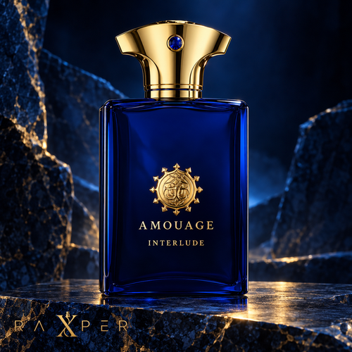 عطر Amouage Interlude Man با شیشه آبی تیره و در طلایی در نمای استودیویی لوکس