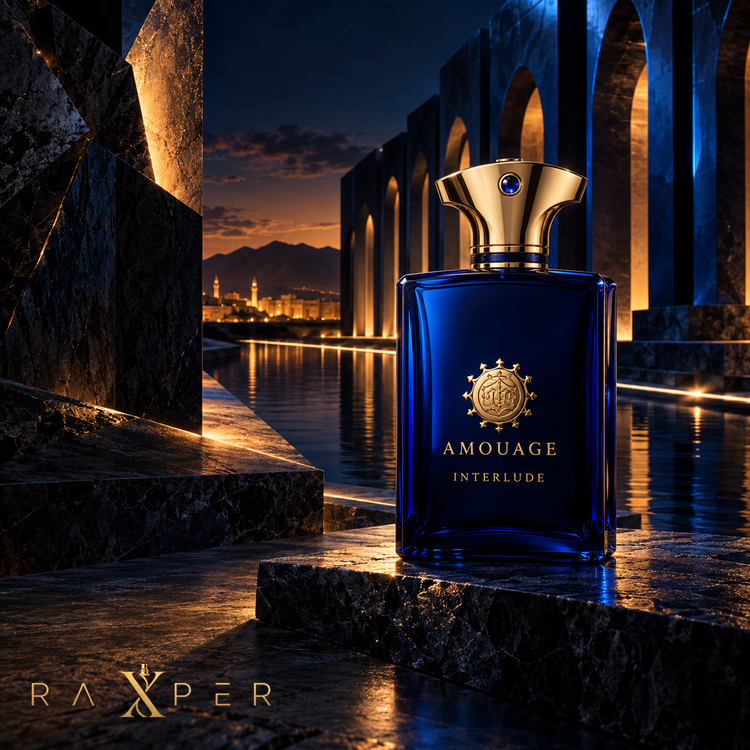 1. شیشه آبی و طلایی Amouage Interlude Man در فضای سینمایی باشکوه با معماری تاریک