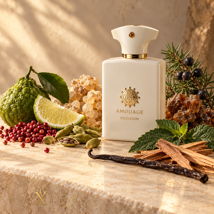 عطر Amouage Decision در کنار ترنج، فلفل صورتی، هل، کندر، سرو کوهی، مر و چوب سدر