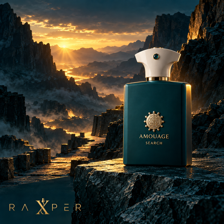 1. شیشه فیروزهای Amouage Search در فضای سینمایی کوهستانی با نور طلایی طلوع خورشید