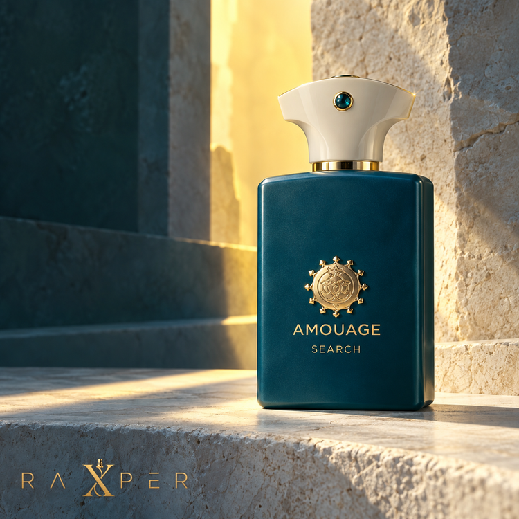 عطر Amouage Search با شیشه فیروزهای تیره و در عاجی در نمای استودیویی لوکس