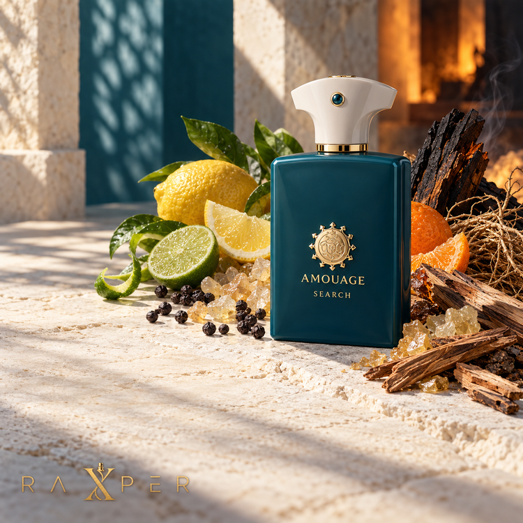 عطر آمواج سرچ در کنار لیمو، لایم، ماندارین، کندر حجری، فلفل سیاه، وتیور و چوب گایاک