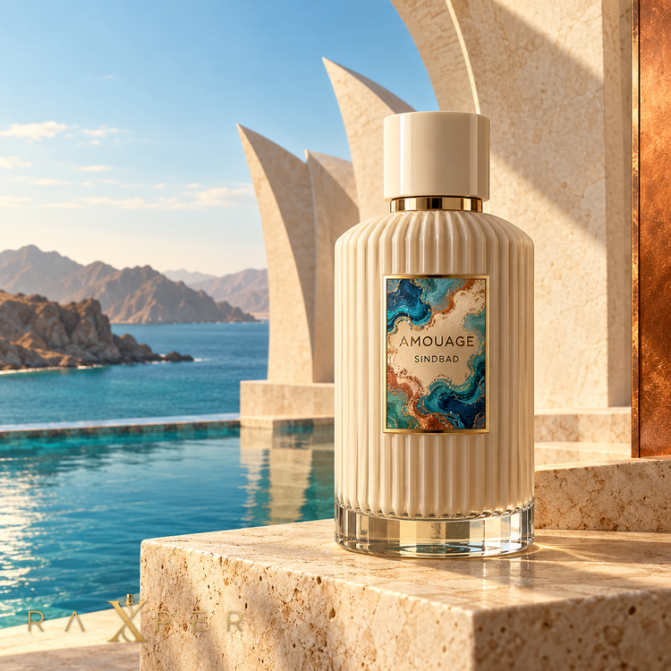 عطر Amouage Sindbad با شیشه کرم شیاردار و پلاک مرمری فیروزهای در نمای لوکس ساحلی