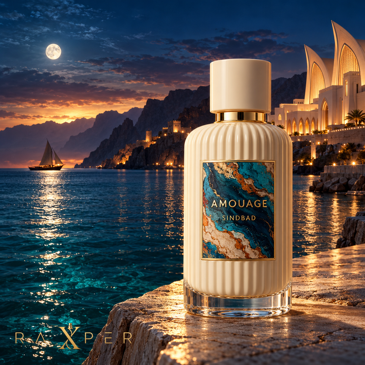 1. شیشه کرم و فیروزهای Amouage Sindbad در بندر سینمایی عمان با کشتی بادبانی و نور ماه